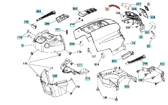 Lewa czerwona plastikowa soczewka reflektora traktora Husqvarna TS 138 z mocowaniami i gładką powierzchnią, widok boczny, pokazana z innymi elementami w schemacie montażu. Wymiary zapewniają kompatybilność.
