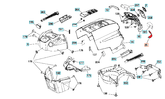 Prawa soczewka reflektora do Husqvarna TS 138, czarna, matowa, częściowo złożona, z oznaczeniami montażowymi i widocznymi mocowaniami, lekko wygięta, widoczna pod kątem bocznym.