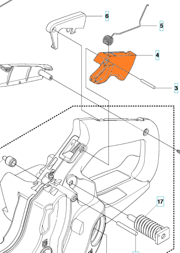 Dźwignia gazu pilarki Husqvarna 445, 450 w kolorze pomarańczowym, zamocowana na korpusie. Widok z boku, z detalami mocowania. Element o ergonomicznym kształcie, z czytelnie widocznym logo Husqvarna. Zawiera sprężynę oraz inne części montażowe.