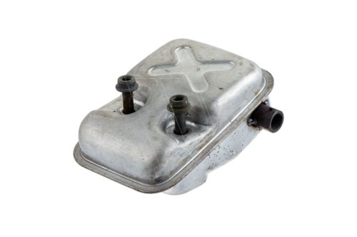 Tłumik nożyc 123HD60/123HD65X Husqvarna w kolorze srebrnym, metalowy, z widocznymi otworami do mocowania. Produkt leży na jasnym tle, ukazując kształt prostokątny i gładką powierzchnię. Brak dodatkowych napisów lub logo.