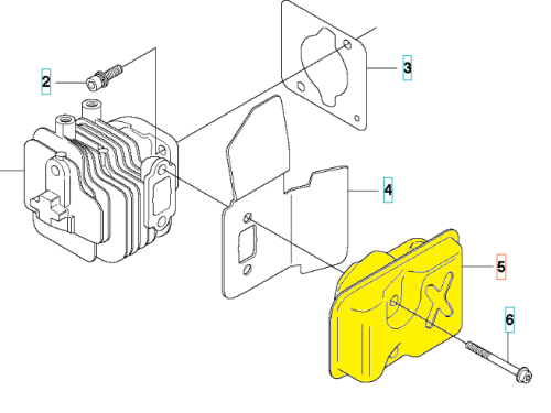 Tłumik nożyc Husqvarna 123HD60/123HD65X z metalową, szarą częścią z żeberkami chłodzącymi i żółtą plastikową osłoną, widoczny z śrubami mocującymi, ustawiony poziomo.