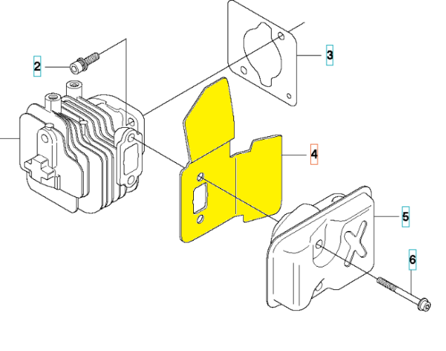 Uszczelka tłumika nożyc model 123HD60/123HD65X Husqvarna w kolorze żółtym. Widoczna pod kątem, z detalami cięcia, z logo Husqvarna na obudowie. Elementy montażowe w komplecie obok. Produkt prezentowany na białym tle dla lepszej widoczności.