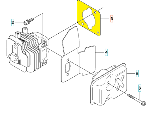 Uszczelka cylindra nożyc 123HD60/123HD65X Husqvarna, zielona, złożona z uszczelki, nakładki i mocowania. Widok frontalny na białym tle, z widocznymi otworami montażowymi i kształtem elementów.