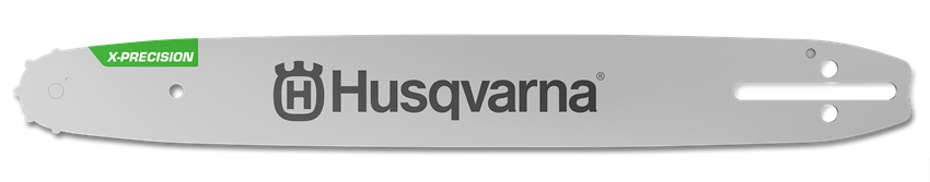 Prowadnica X-Precision 14'' w kolorze srebrnym, z widocznym logo Husqvarna. Ujęcie z boku, produkt leży na płaskiej powierzchni. Dwa otwory do mocowania, wyraźny napis X-Precision na końcu. Bez widocznych uszkodzeń, gładka powierzchnia.