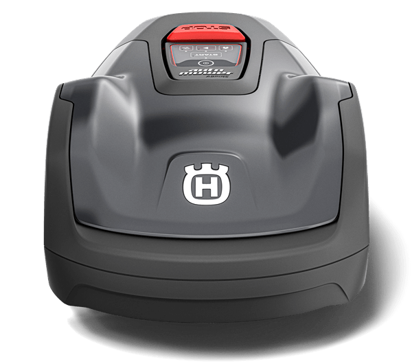 Robot koszący Automower® Aspire R4 w kolorze szarym, z charakterystycznym logo Husqvarna. Widok frontalny, z wyraźnym panelem sterującym w czerwonym kolorze. Gładka, matowa powierzchnia, kompaktowa forma, przeznaczony do ogrodu.