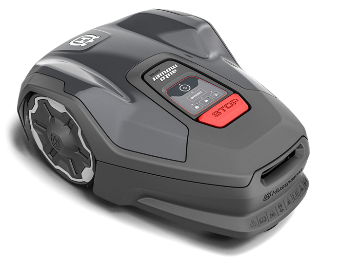 Robot koszący Automower® Aspire R4 w kolorze ciemnoszarym z jasnoskalowanym logo. Widok z przodu, z wyraźnymi przyciskami sterującymi START (czerwony) i STOP. Widać owalne koła i teksturę obudowy.
