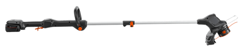 Podkaszarka Aspire™ T28-P4A 1P Husqvarna w kolorze czarnym z pomarańczowymi detalami, z otwartą głowicą, stojąca na prostej, neutralnej powierzchni. Widoczny akumulator 2,5Ah oraz ładowarka, idealna do przycinania trawnika.