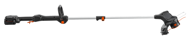 Podkaszarka Aspire™ T28-P4A 1P Husqvarna w kolorze czarnym z pomarańczowymi detalami, z otwartą głowicą, stojąca na prostej, neutralnej powierzchni. Widoczny akumulator 2,5Ah oraz ładowarka, idealna do przycinania trawnika.