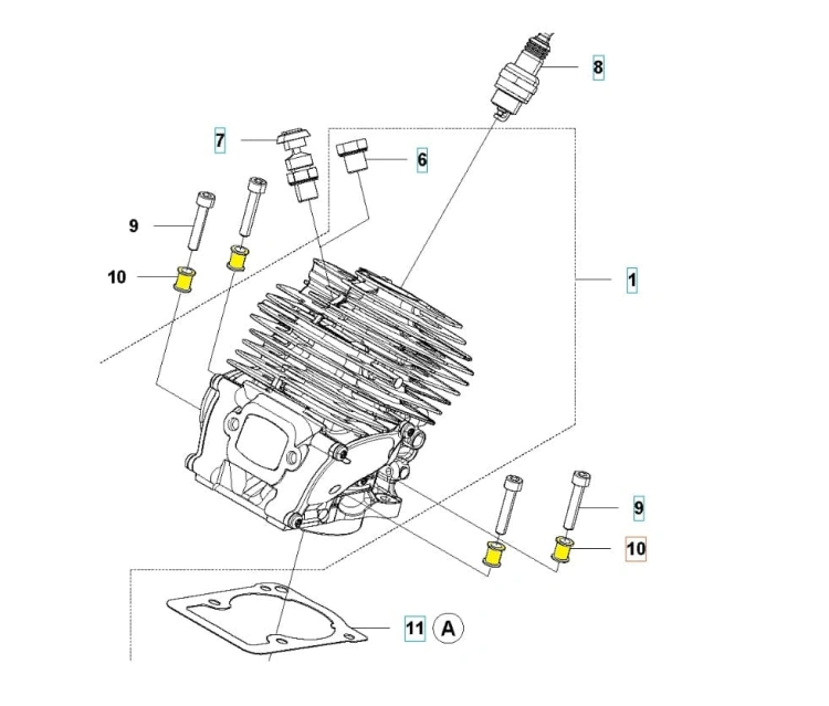 Tuleja cylindra pilarki Husqvarna 565, 572XP z bokiem silnika ze stalą i żółtymi elementami mocującymi. Widoczne żeberka chłodzące, uszczelka na dole oraz świeca zapłonowa i śruby obok.