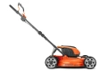 Kosiarka akumulatorowa LB144i Husqvarna w kolorze pomarańczowym i czarnym. Prezentowana z boku, z uchwytem w pozycji pionowej. Widoczne okrągłe koła z szarymi wstawkami oraz czytelne logo Husqvarna na obudowie. Brak akumulatora i ładowarki.