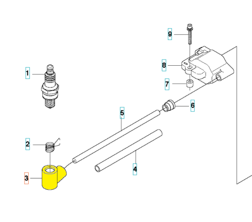 Metalowa fajka świecy z wtyczką i żółtym wzmocnieniem, z boku pokazane mocowanie. W zestawie dwie rurki, śruba i nakrętka. Do modelu Husqvarna 123HD60/123HD65X.
