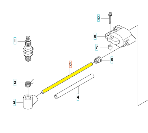 Przewód nożyc 123HD60/123HD65X Husqvarna, żółty cylindryczny element, leżący, pokazany z przodu z końcówkami i mocowaniem, obok nakrętek i śrub montażowych.