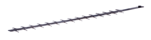 Listwa tnąca nożyc 123HD65X Husqvarna w kolorze czarnym, z wygodnymi zębami w regularnym rozstawie. Produkt leży na białym tle, pokazując szczegóły konstrukcji. Widoczny zaczep ułatwiający montaż. Długość całkowita wynosi około 65 cm.