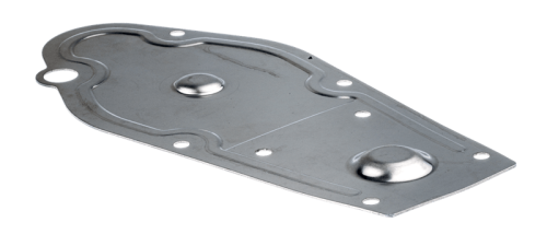 Metalowa pokrywa piasty nożyc Husqvarna 225H60/225H75, lekko wypukła z dwoma zagłębieniami i otworami montażowymi przy krawędzi, widok z góry na jednolitym tle, bez zdobień i napisów.