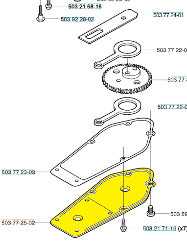 Żółta pokrywa piasty nożyc Husqvarna 225H60/225H75 z tworzywa sztucznego, z otworami montażowymi. Zbliżenie dolnej części na białym tle z lekkim uchwytem.