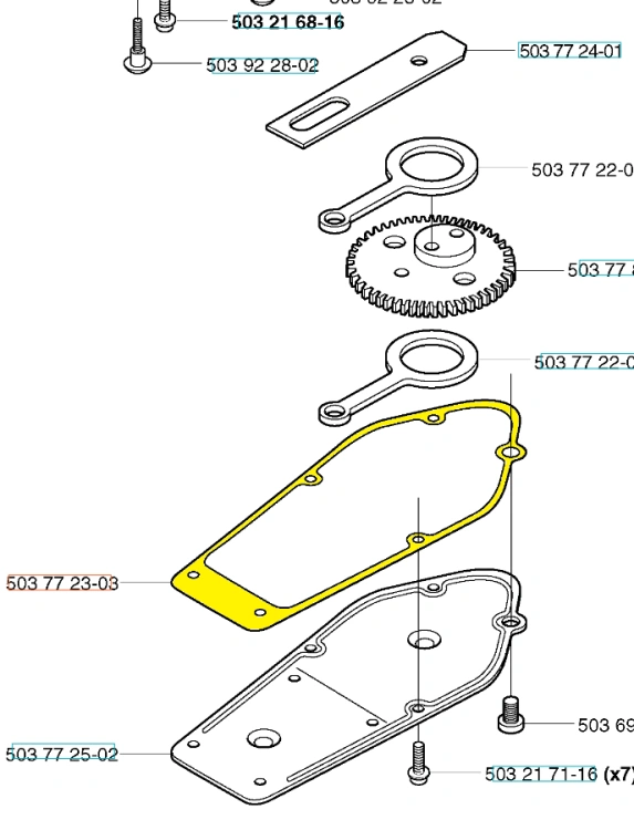 Żółta prostokątna uszczelka pokrywy piasty nożyc 225H60/225H75 Husqvarna na białym tle, z widocznymi numerami części. W zestawie mocowanie i elementy montażowe, idealna do piast.