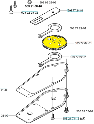 Żółte koło zębate nożyc Husqvarna 225H60/225H75, widoczne z góry na białym tle, z wyraźnym wzorem zębów. Obok metalowe elementy montażowe i dwie osłony z numerami części.
