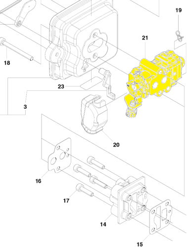Gaźnik nożyc Husqvarna 226HD60S/226HD75S w izometrycznym widoku. Szare metalowe elementy, widoczne mocowania, złącza i otwory montażowe na prostym tle.