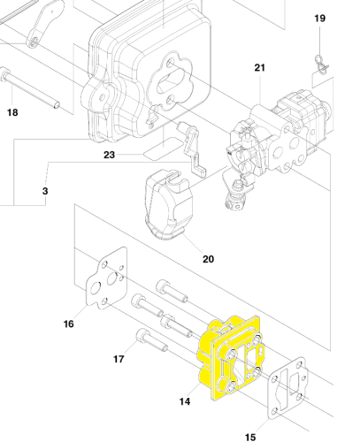 Izolator gaźnika do nożyc Husqvarna 226HD60S/75S, żółto-czarny, z widocznymi mocowaniami i otworami, na prostym tle. Do nożyc do żywopłotu.
