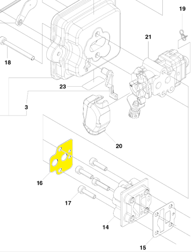 Uszczelka gaźnika nożyc 226HD60S/226HD75S Husqvarna w kolorze żółtym, o wymiarach dopasowanych do gaźnika. Widać otwory montażowe oraz gładką powierzchnię. Element leży na białym tle, na wierzchu zestawu części do montażu gaźnika.