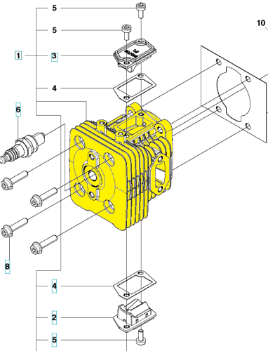 Cylinder nożyc Husqvarna 226HD60S/226HD75S żółty, poziomo ułożony, z widocznymi otworami montażowymi, żebrami radiatora, uszczelkami i śrubami, ukazujący szczegóły konstrukcji.