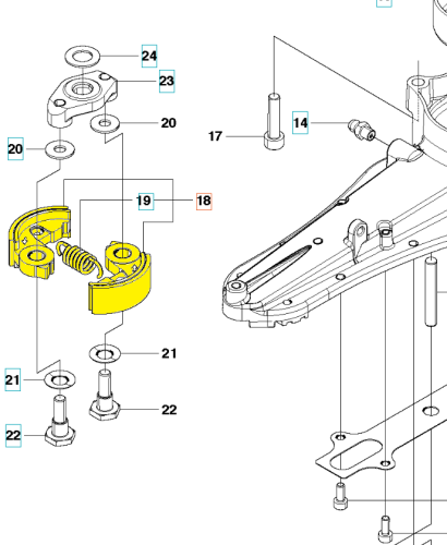 Sprzęgło nożyc 226HD60S/226HD75S Husqvarna w kolorze żółtym, pokazane z boku w układzie montażowym. Widoczne elementy: pierścienie mocujące, sprężyna, a także miejsce montażu. Tło proste, białe, skupia uwagę na detalach produktu.
