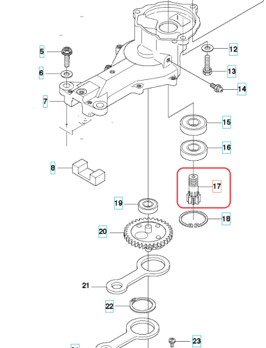 Wał koła nożyc Husqvarna 123HD60/123HD65X, metalowy cylindryczny, srebrny, zębny, z mocowaniem, na jasnym tle z innymi częściami.