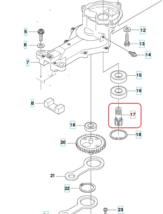 Wał koła nożyc Husqvarna 123HD60/123HD65X, metalowy cylindryczny, srebrny, zębny, z mocowaniem, na jasnym tle z innymi częściami.