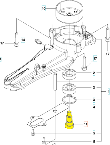 Wał koła nożyc Husqvarna 226HD60S/226HD75S, widok boczny. Metalowy, matowy, z okrągłą górną częścią, mocowaniami, czarnymi uszczelnieniami i żółtym zaworem. Białe tło.