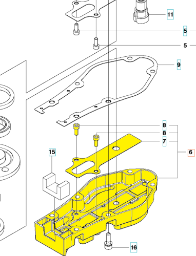 Obudowa przekładni nożyc Husqvarna 226HD60S/226HS99S w kolorze żółtym, z widocznymi detalami mocowania oraz otworami. Złożony element przedstawiony z boku, z wyraźnymi konturami i gładką powierzchnią. Otoczenie na białym tle.