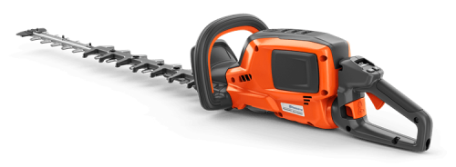 Nożyce akumulatorowe Husqvarna 522iHDR60 w pomarańczowo-czarnym kolorze z ergonomiczną rączką i długim, ząbkowanym ostrzem, ustawione poziomo na jasnym tle. Widoczny przycisk uruchamiania i miejsce na ładowanie akumulatora.