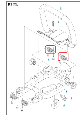 Amortyzator uchwytu nożyc 226HD60S/226HD75S Husqvarna, w kolorze czarnym, wykonany z tworzywa sztucznego. Ujęcie z przodu, pokazujące szczegóły montażowe i elementy mocujące. Widoczne oznaczenia numeracyjne dla łatwej identyfikacji części.