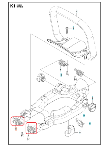Amortyzator nożyc 226HD60S/226HD75S Husqvarna w układzie eksplodowanym, czarno-srebrny, z gwintami, uchwytem i mocowaniami, ułożony poziomo, ukazujący detale konstrukcyjne i akcesoria montażowe.