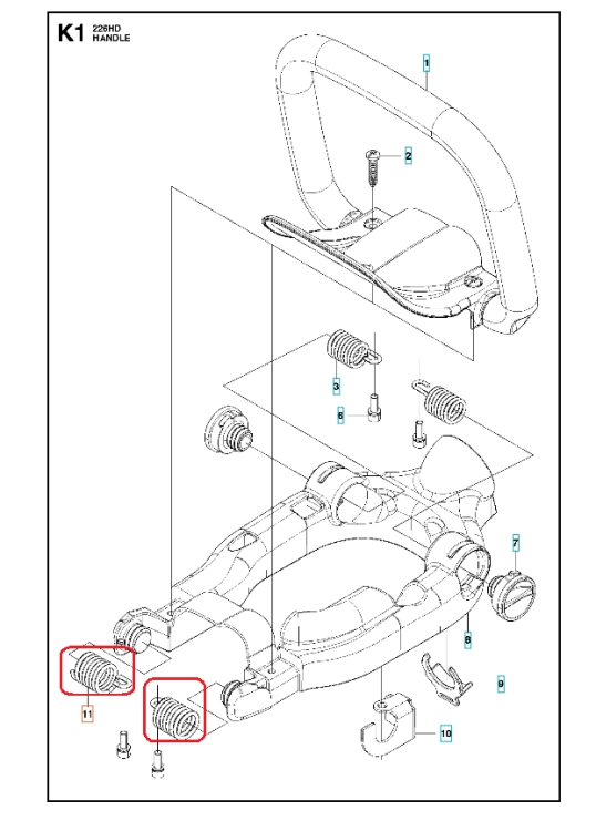 Amortyzator nożyc 226HD60S/226HD75S Husqvarna w układzie eksplodowanym, czarno-srebrny, z gwintami, uchwytem i mocowaniami, ułożony poziomo, ukazujący detale konstrukcyjne i akcesoria montażowe.