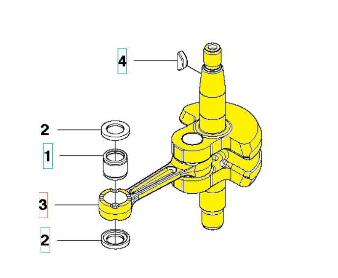Wał korbowy nożyc 226HD60S/75S Husqvarna, żółty, z zaokrągloną obudową i długim ramieniem. Widok boczny z wyraźnymi numerami części, elementami mocującymi i miejscami na uszczelnienia.