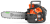 Akumulatorowa pilarka T542i XPG Husqvarna w pomarańczowo-szarym kolorze z metalowym ostrzem i czarnym ergonom. uchwytem. Stoi poziomo, z widocznym logo. Przeznaczona do precyzyjnego cięcia w ogrodzie i lesie.