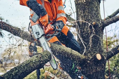 Pilarka akumulatorowa Husqvarna T542i XPG w akcji, trzymana przez osobę w pomarańczowej kurtce. Widać stalową prowadnicę, łańcuch, trociny unoszące się w powietrzu oraz drzewo z pniami w tle.