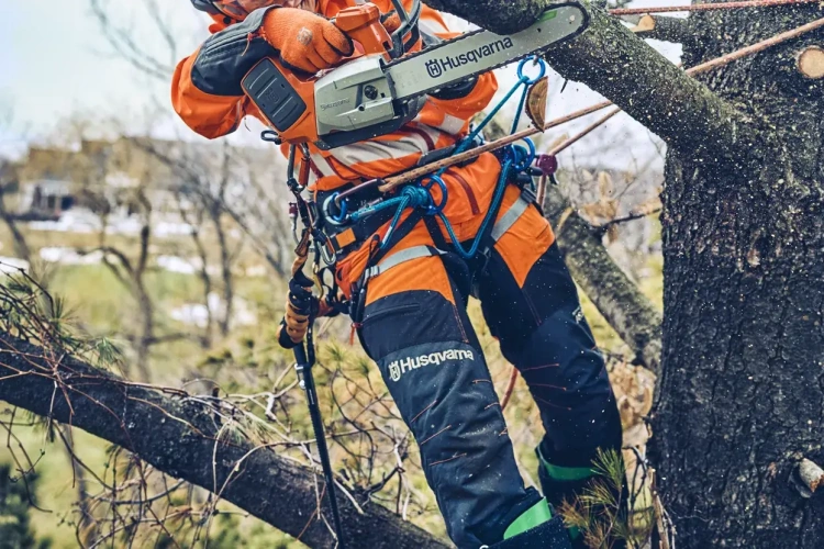 Pilarka akumulatorowa T542i XPG Husqvarna w użyciu, trzymana przez osobę w pomarańczowym ubraniu ochronnym, zawieszona na gałęzi. W tle widoczny krajobraz z drzewami. Ujęcie z boku, pokazujące detale mechanizmu i akcesoria do pracy na wysokości.