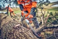 Pilarka akumulatorowa Husqvarna 542i XPG przecina gruby konar drewna. Osoba w pomarańczowej odzieży trzyma narzędzie z metalowym ostrzem. W tle drzewa i zieleń, w powietrzu pył i trociny.