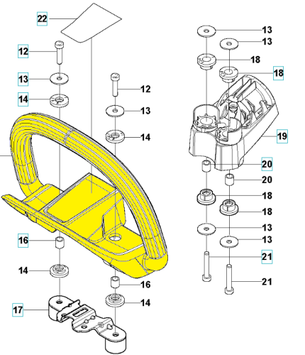 Uchwyt nożyc 122HD60/322HD60 Husqvarna w kolorze żółtym z widocznymi szczegółami mocowania. Produkt ukazany z boku, z szczególnym uwzględnieniem kształtu uchwytu oraz detali technicznych. Obok elementy montażowe, w tym śruby i kołki.