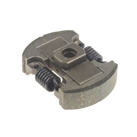 Sprzęgło nożyc 322HD60/522HD60X Husqvarna w kolorze szarym, o solidnej, metalowej konstrukcji. Widoczny mechanizm sprężynowy. Ujęcie frontalne, produkt leży na płaskiej powierzchni. Zbliżenie ukazuje detale konstrukcji, w tym otwór montażowy.