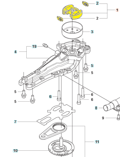 Sprzęgło nożyc 322HD60/522HD60X Husqvarna w układzie eksplodowanym, pokazujące metalową obudowę, żółty wirnik, zębatkę, śruby i osłony z widokiem bocznym z detalami mocowań i kół zębatych.