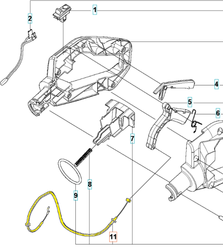 Linka gazu do nożyc Husqvarna 122HD60/322HD60, wykonana z żółtego nylonu, z metalowymi końcówkami. Na zdjęciu fragmenty i akcesoria linki, rozłożone na białym tle. Widoczne szczegóły, w tym mocowania oraz kształt i tekstura komponentów.