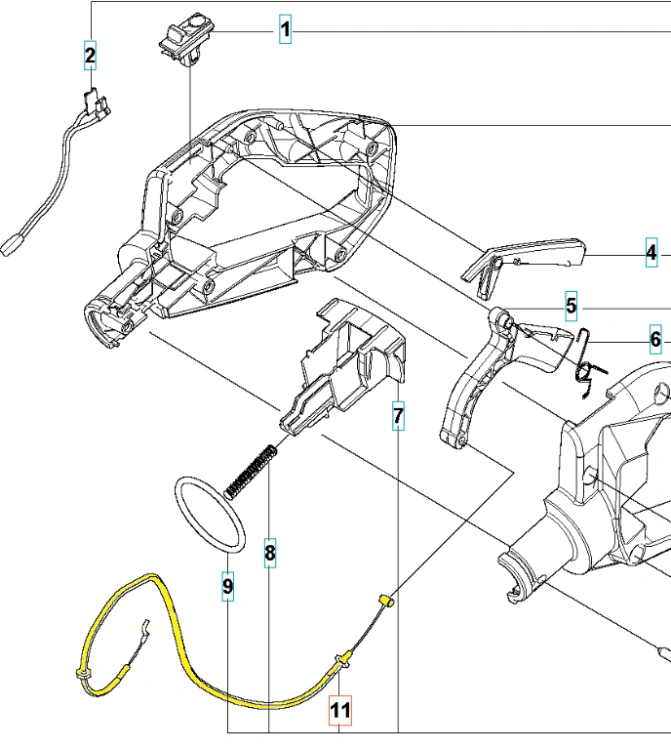 Linka gazu do nożyc Husqvarna 122HD60/322HD60, wykonana z żółtego nylonu, z metalowymi końcówkami. Na zdjęciu fragmenty i akcesoria linki, rozłożone na białym tle. Widoczne szczegóły, w tym mocowania oraz kształt i tekstura komponentów.