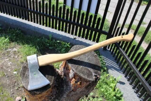 Siekiera leśna 1,4 kg Krumpholz hikora z drewnianym trzonkiem i metalowym ostrzem. Ułożona na polanowanym kawałku drewna, widok z boku, podkreślający wykończenie rączki oraz kształt ostrza. Tło z trawy i ogrodzenia.
