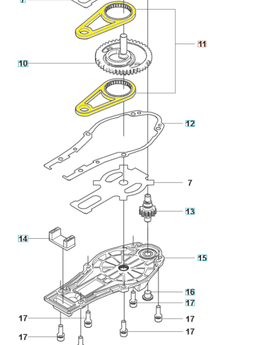 Zestaw elementów korbowodu nożyc Husqvarna. Widać metalowe części, w tym obudowę z wyraźnymi mocowaniami, koło zębate oraz elementy w kolorze żółtym. Całość złożona w układzie, brak detali z czytelnymi napisami.