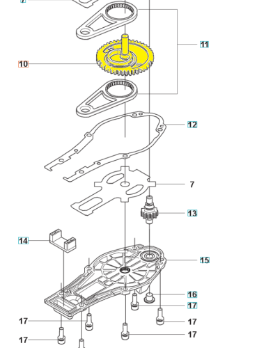 Żółte, okrągłe koło zębate nożyc Husqvarna 322HD60/522HD60S z wyraźnymi zębami, widok z góry na tle matowych ramion i pokrywy, pokazujące montaż.