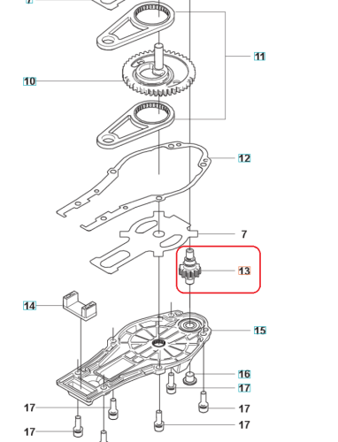 Wał kola nożyc Husqvarna, z Detalem 13 wyróżnia się cylindrycznym kształtem i metalowym, srebrnym wykończeniem. Produkt jest widoczny w środkowej części diagramu, z zamontowanym otworem. Tło jest białe, co podkreśla detale części.