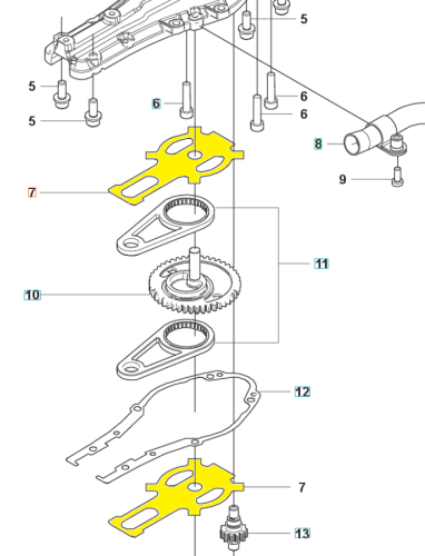 Płytka nożyc 322HD60/522HD60S Husqvarna w kolorze żółtym, z wycięciami oraz okrągłym elementem centralnym. Produkt leży na białym tle, ukazując szczegóły konstrukcji. Widoczne są także inne elementy montażowe w otoczeniu.