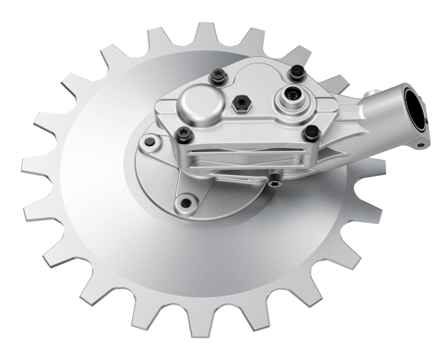 Nożyce do chwastów RA-V Husqvarna w kolorze srebrnym, z dużą, zębatą tarczą. Widać mechanizm mocujący oraz detale śrub i pokrywy. Produkt prezentowany z góry, w bliskim ujęciu, na jednolitym tle.